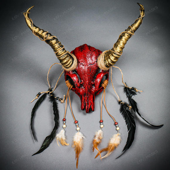 Antelope Devil Animal Skull with Gold Impala Horns Masquerade Mask - Bloody Red - Picture 5 of 10
